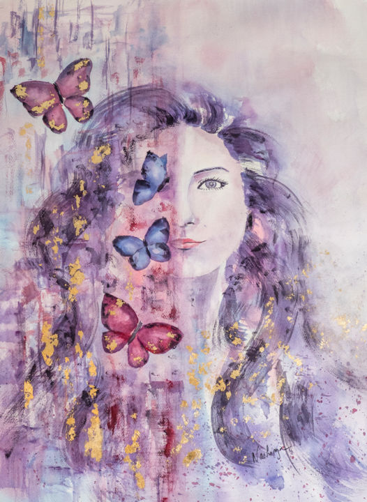 Painting titled "Butterfly's sister 3" by Nachenza, Original Artwork, Watercolor