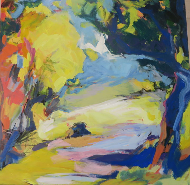 Painting titled "L'arbre jaune du ru…" by Nadine Nacinovic, Original Artwork, Acrylic