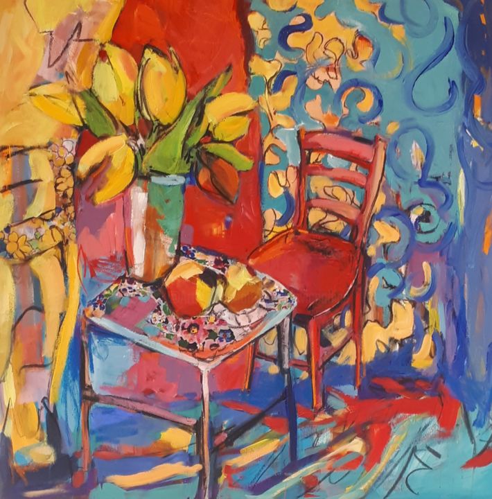 Painting titled "La chaise rose de l…" by Nadine Nacinovic, Original Artwork, Acrylic