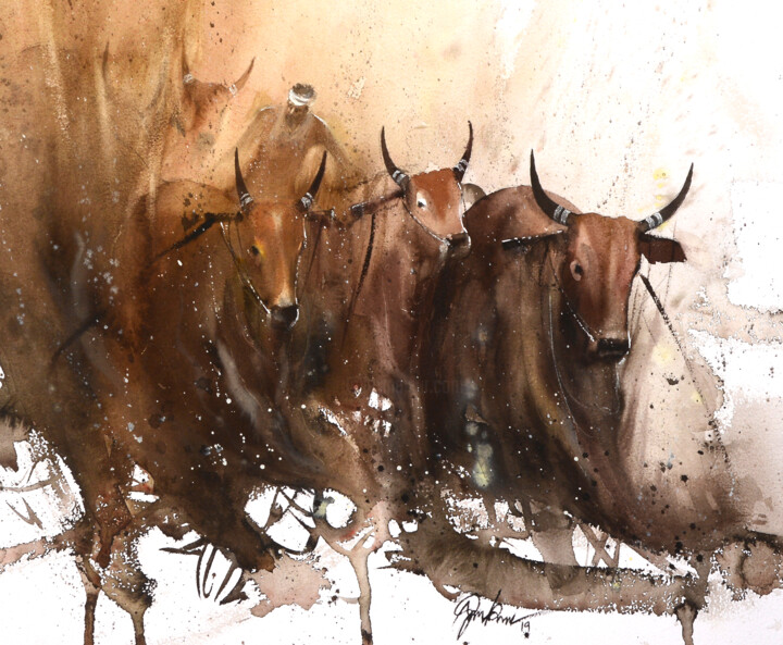 Painting titled "cow_01" by Nadees Prabou, Original Artwork, Watercolor