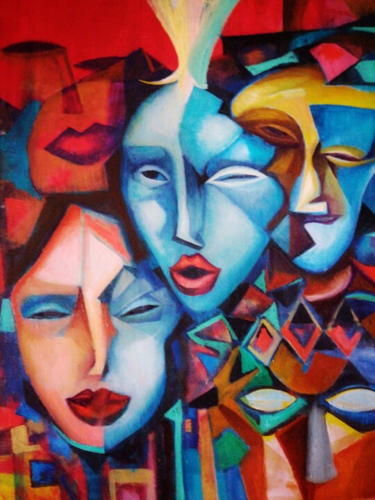 Painting titled "Masks. Carnival. Cu…" by Nadezda Baruns, Original Artwork, Oil