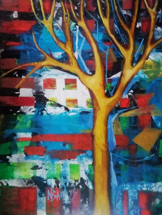 Schilderij getiteld "Yellow tree." door Nadezda Baruns, Origineel Kunstwerk, Acryl