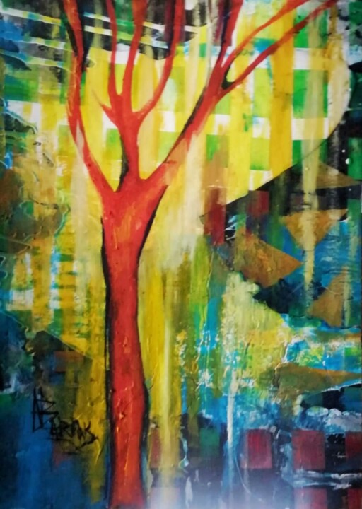Painting titled "Red tree." by Nadezda Baruns, Original Artwork, Acrylic