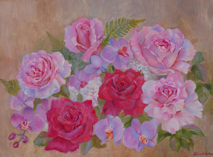 Painting titled "Roses and orchids" by Nadezda Krivohizina, Original Artwork, Oil Mounted on Wood Stretcher frame