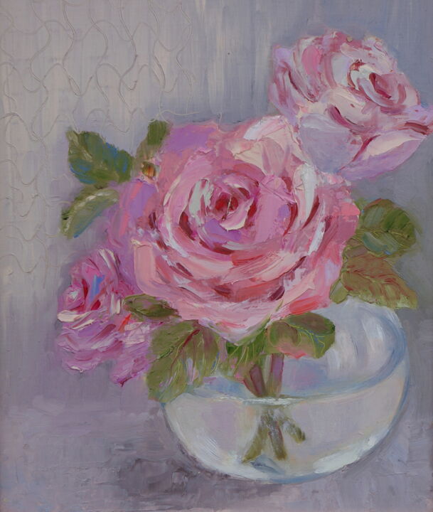 Painting titled "Rose in glass vase" by Nadezda Krivohizina, Original Artwork, Oil