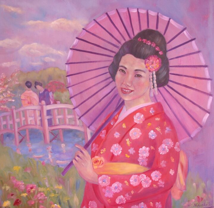 Schilderij getiteld "Japan" door Nadezda Krivohizina, Origineel Kunstwerk, Olie Gemonteerd op Frame voor houten brancard