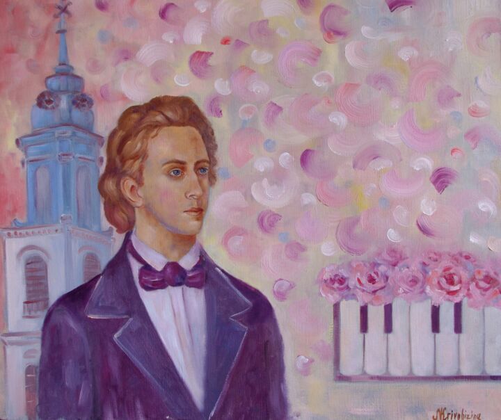 Painting titled "Chopin music" by Nadezda Krivohizina, Original Artwork, Oil Mounted on Wood Stretcher frame