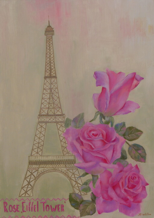Painting titled "Rose "Eiffel tower"" by Nadezda Krivohizina, Original Artwork, Oil