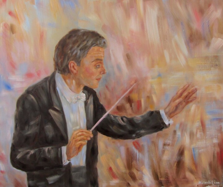 Painting titled "Conductor" by Nadezda Krivohizina, Original Artwork, Oil Mounted on Wood Stretcher frame