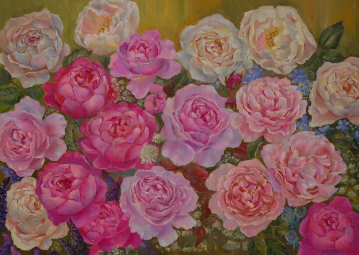 Painting titled "David Austina roses" by Nadezda Krivohizina, Original Artwork, Oil Mounted on Wood Stretcher frame
