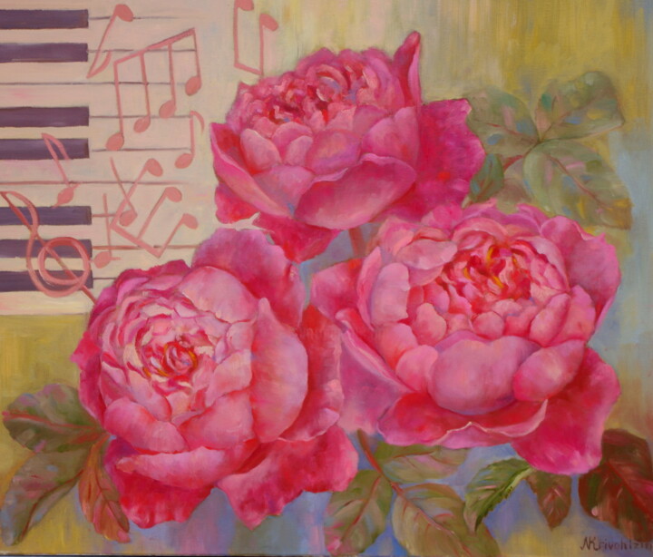 Painting titled "Rose" Benjamin Brit…" by Nadezda Krivohizina, Original Artwork, Oil Mounted on Wood Stretcher frame