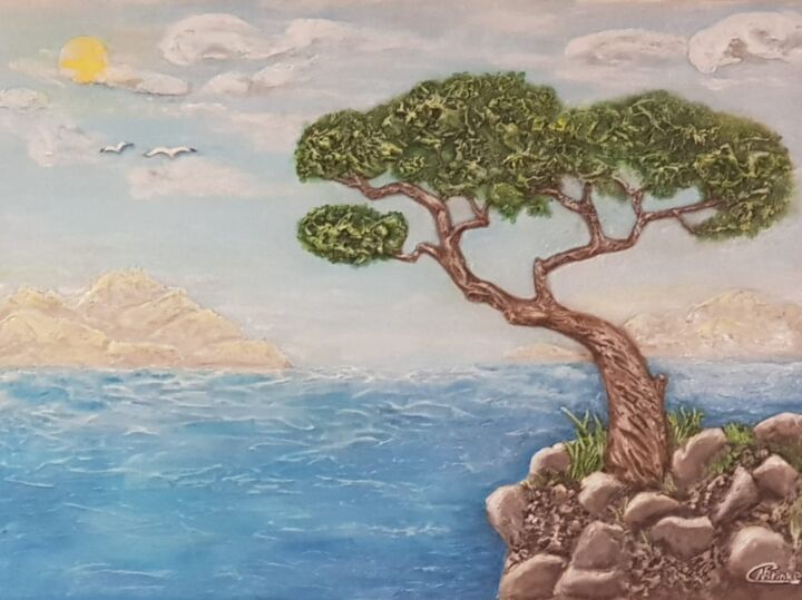 Картина под названием "Дерево на скале" - Nadezhda Brinke, Подлинное произведение искусства, Гипс
