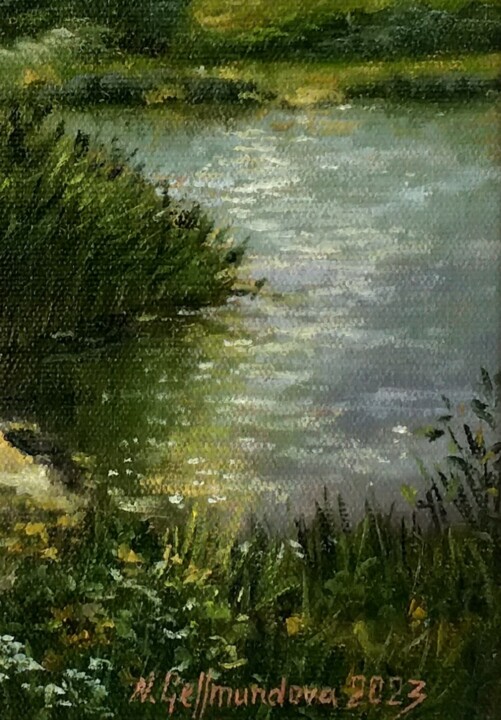 Peinture intitulée "Pond after rain, oi…" par Nadezhda Gellmundova, Œuvre d'art originale, Huile Monté sur Autre panneau rig…
