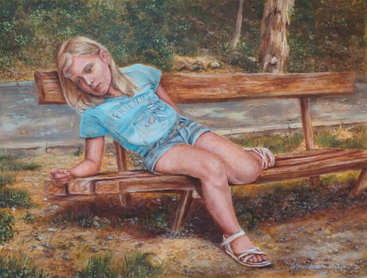 Painting titled "Tired model, author…" by Nadezhda Gellmundova, Original Artwork, Oil Mounted on Other rigid panel