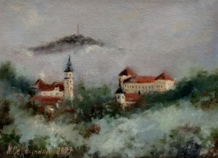 「Bílina in the fog,…」というタイトルの絵画 Nadezhda Gellmundovaによって, オリジナルのアートワーク, オイル その他の剛性パネルにマウント
