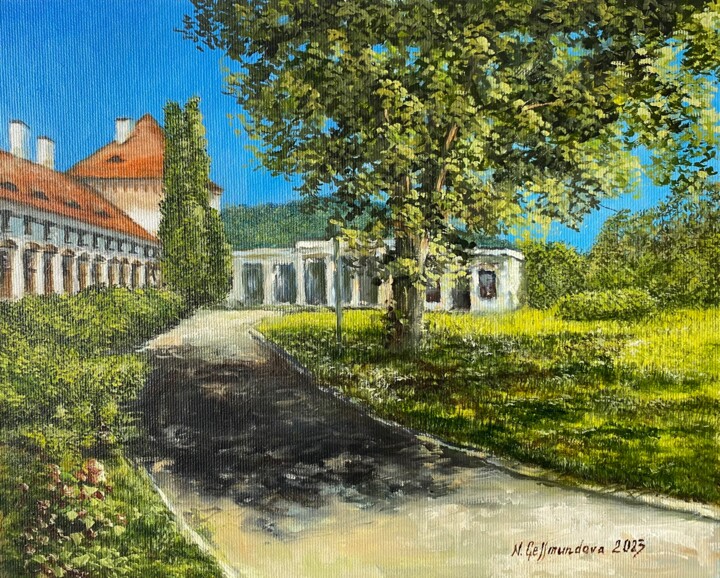 Painting titled "At Bílina castle, o…" by Nadezhda Gellmundova, Original Artwork, Oil Mounted on Other rigid panel