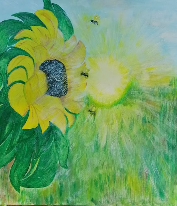 Картина под названием "Sunflower" - Nadezhda Kabak, Подлинное произведение искусства, Акрил Установлен на Деревянная рама дл…