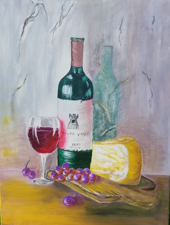 Schilderij getiteld "Wine and cheese" door Nadezhda Kabak, Origineel Kunstwerk, Acryl Gemonteerd op Frame voor houten branca…