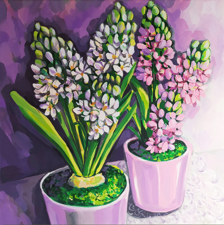 Painting titled "Hyacinths painting…" by Nadezhda Kokorina, Original Artwork, Acrylic
