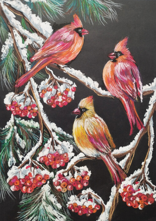 Dessin intitulée "Winter Birds Cardin…" par Nadezhda Kokorina, Œuvre d'art originale, Pastel