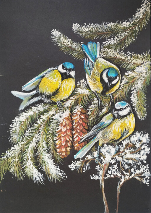 Drawing titled "Winter Tit birds in…" by Nadezhda Kokorina, Original Artwork, Pastel