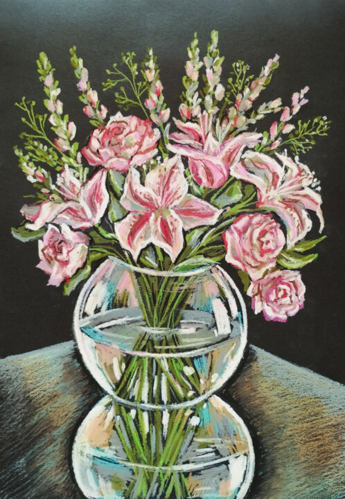 Dessin intitulée "Bouquet of lilies a…" par Nadezhda Kokorina, Œuvre d'art originale, Pastel