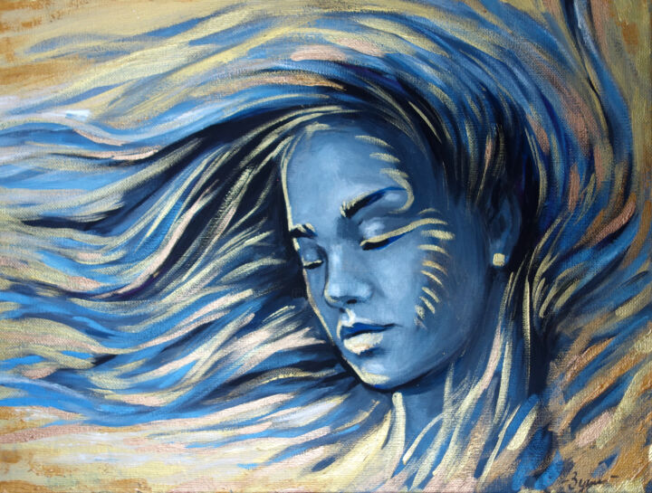 Painting titled "WIND IN HAIR" by Nadezhda Zueva, Original Artwork, Acrylic Mounted on Wood Stretcher frame