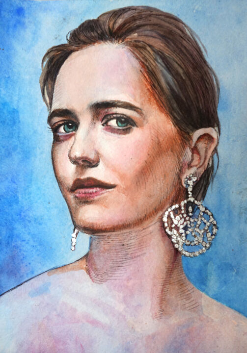 Painting titled "EVA GREEN-painting…" by Nadezhda Zueva, Original Artwork, Watercolor