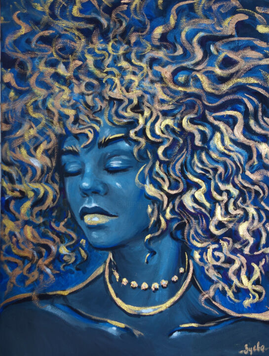Картина под названием "Blue gold black wom…" - Nadezhda Zueva, Подлинное произведение искусства, Акрил Установлен на Деревян…