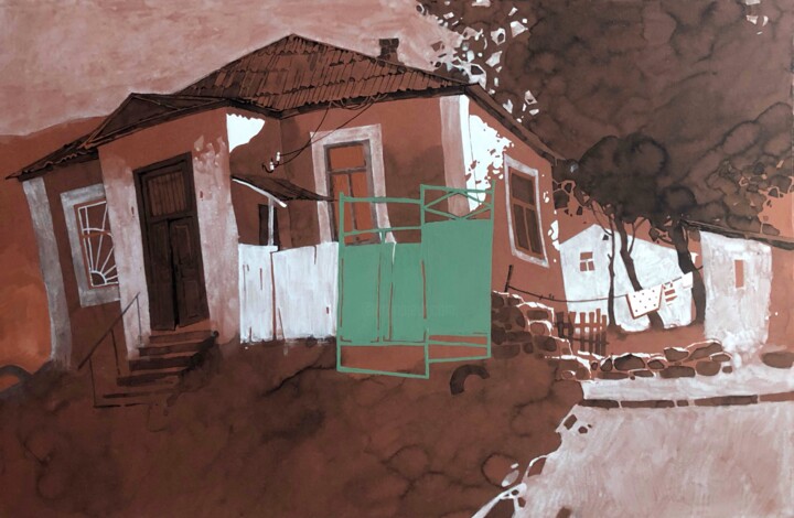Tekening getiteld "House with green ga…" door Nadia Boldina, Origineel Kunstwerk, Inkt Gemonteerd op Karton