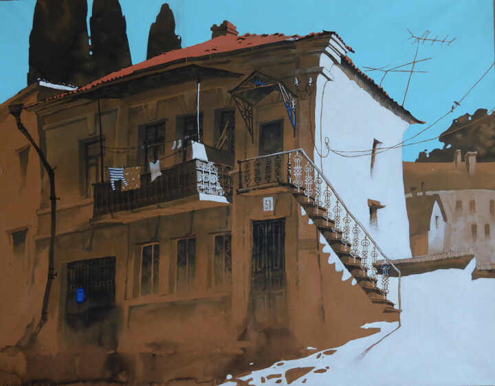 Картина под названием "House with an openw…" - Nadia Boldina, Подлинное произведение искусства, Чернила