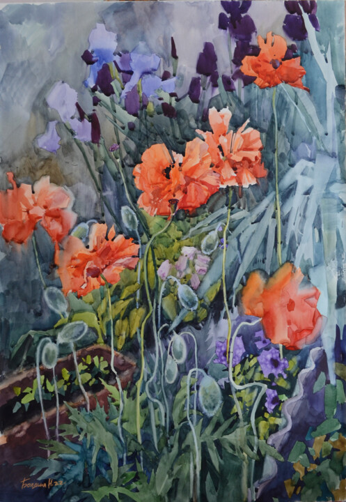 Painting titled "Coquelicots dans le…" by Nadia Boldina, Original Artwork, Watercolor