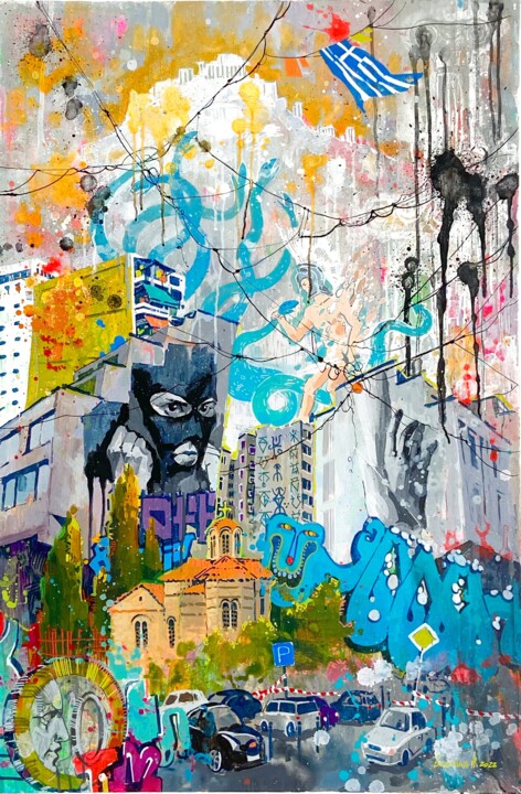 Картина под названием "Athènes. Athens" - Nadia Boldina, Подлинное произведение искусства, Акрил Установлен на Деревянная ра…
