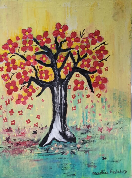 Painting titled "Spring" by Nadia Fakhry, Original Artwork, Acrylic Mounted on Wood Stretcher frame