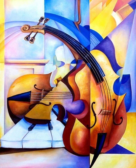 Painting titled "violons et contreba…" by Nadia Guyon De Chemilly, Original Artwork, Acrylic Mounted on Wood Stretcher frame