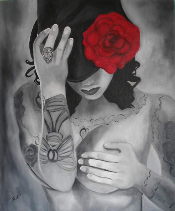 Painting titled "Tatouage caché" by Nadia Loriot, Original Artwork, Oil