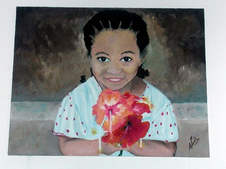 Dessin intitulée "Bambina con fiori d…" par Nadia Twumasi, Œuvre d'art originale