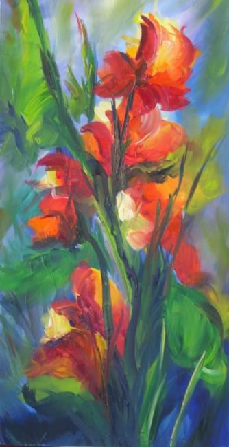 Painting titled "Red Flowers" by Nadide Gurcuoglu, Original Artwork, Oil