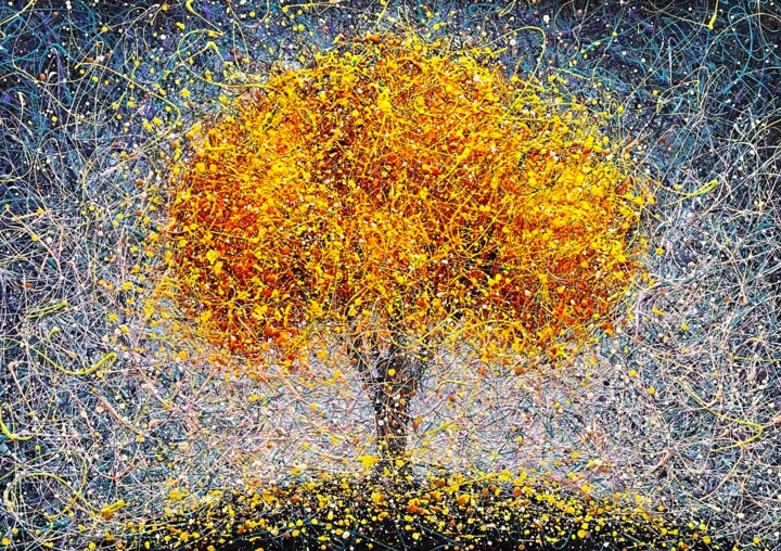 Schilderij getiteld "Yellow tree Autumn…" door Nadiia Antoniuk, Origineel Kunstwerk, Acryl