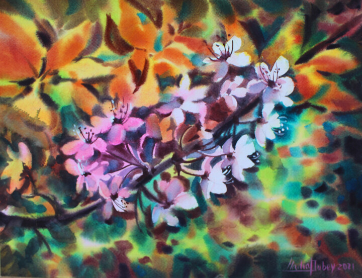 Painting titled "Cherry blossom" by Nadiia Dubei, Original Artwork, Watercolor