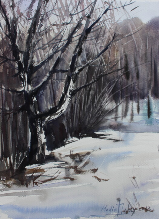 Painting titled "Winter forest" by Nadiia Dubei, Original Artwork, Watercolor