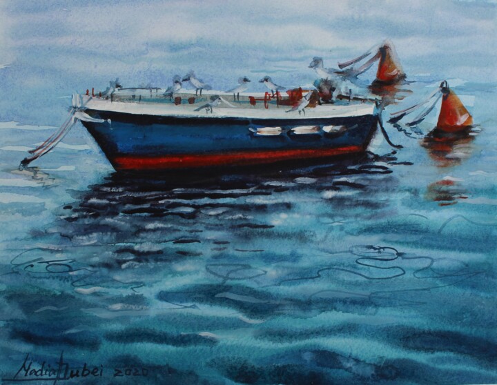 Painting titled "Boat" by Nadiia Dubei, Original Artwork, Watercolor
