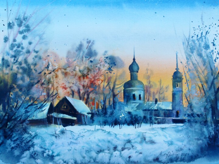 Картина под названием "Winter night" - Nadiia Dubei, Подлинное произведение искусства, Акварель