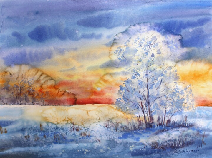 Painting titled "Winter is frosty" by Nadiia Dubei, Original Artwork, Watercolor