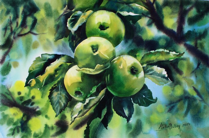 Painting titled "Apples in the sun" by Nadiia Dubei, Original Artwork, Watercolor
