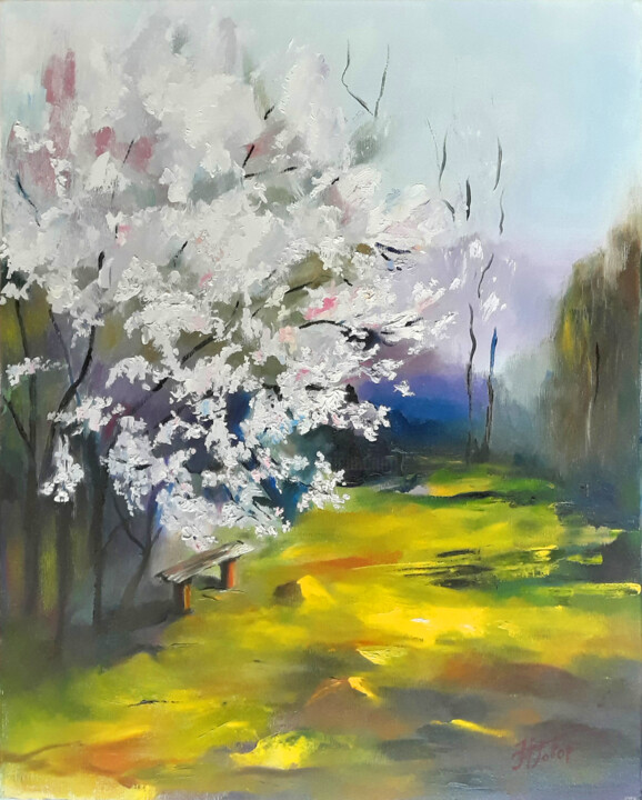 Painting titled "Cherry blossoms" by Nadiia Govor, Original Artwork, Oil