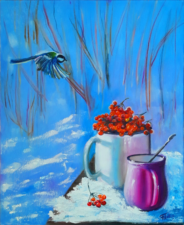 Painting titled "Viburnum tea" by Nadiia Govor, Original Artwork, Oil