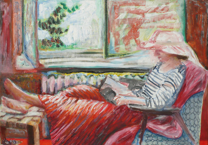 Pintura intitulada "Katia Reading with…" por Nadina Pascariu, Obras de arte originais, Óleo