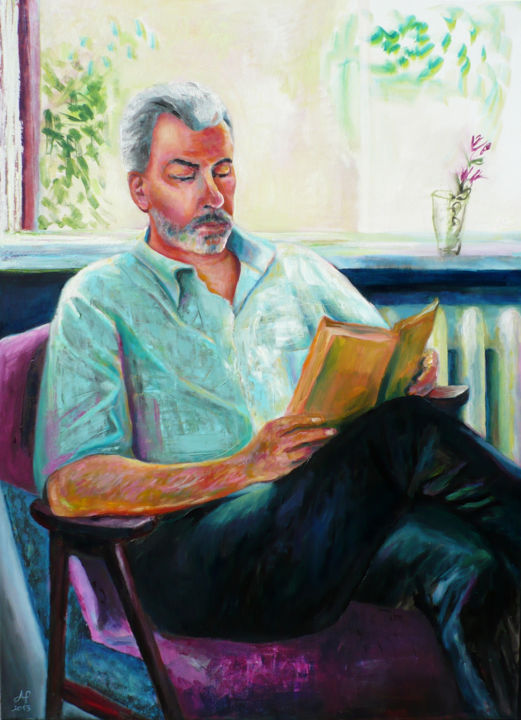 Painting titled "Dad Reading in the…" by Nadina Pascariu, Original Artwork, Oil