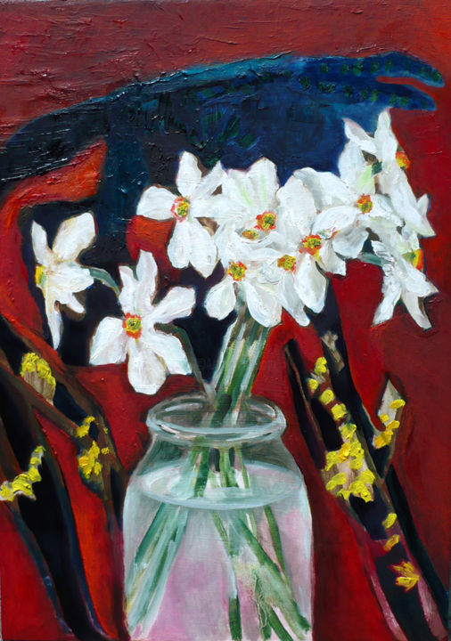 Painting titled "The Daffodil's Night" by Nadina Pascariu, Original Artwork, Oil